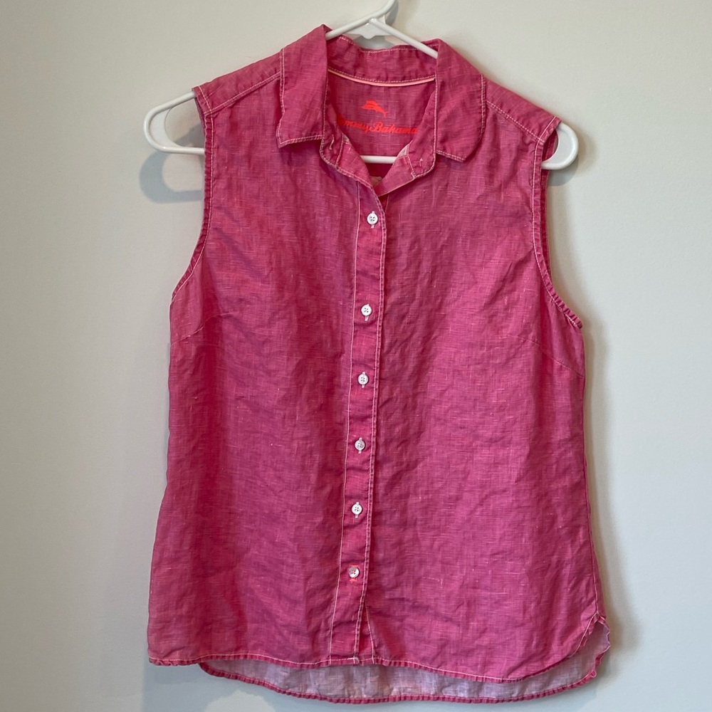 Tommy Bahama button down. Pink, small sleeveless shirt.100% Linen